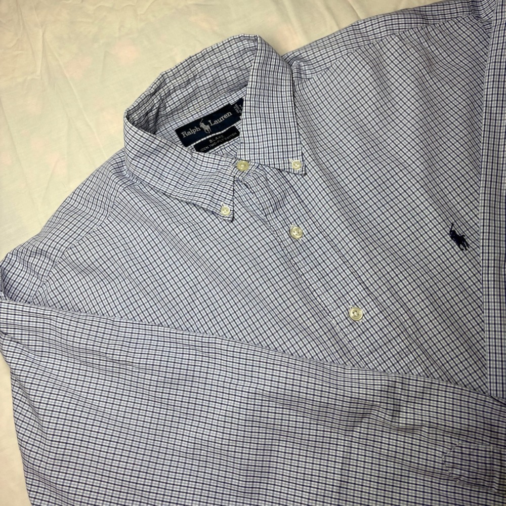 Ralph Lauren Blake Mens Large Blue White Check 100% Two-Ply Cotton Button Down‎